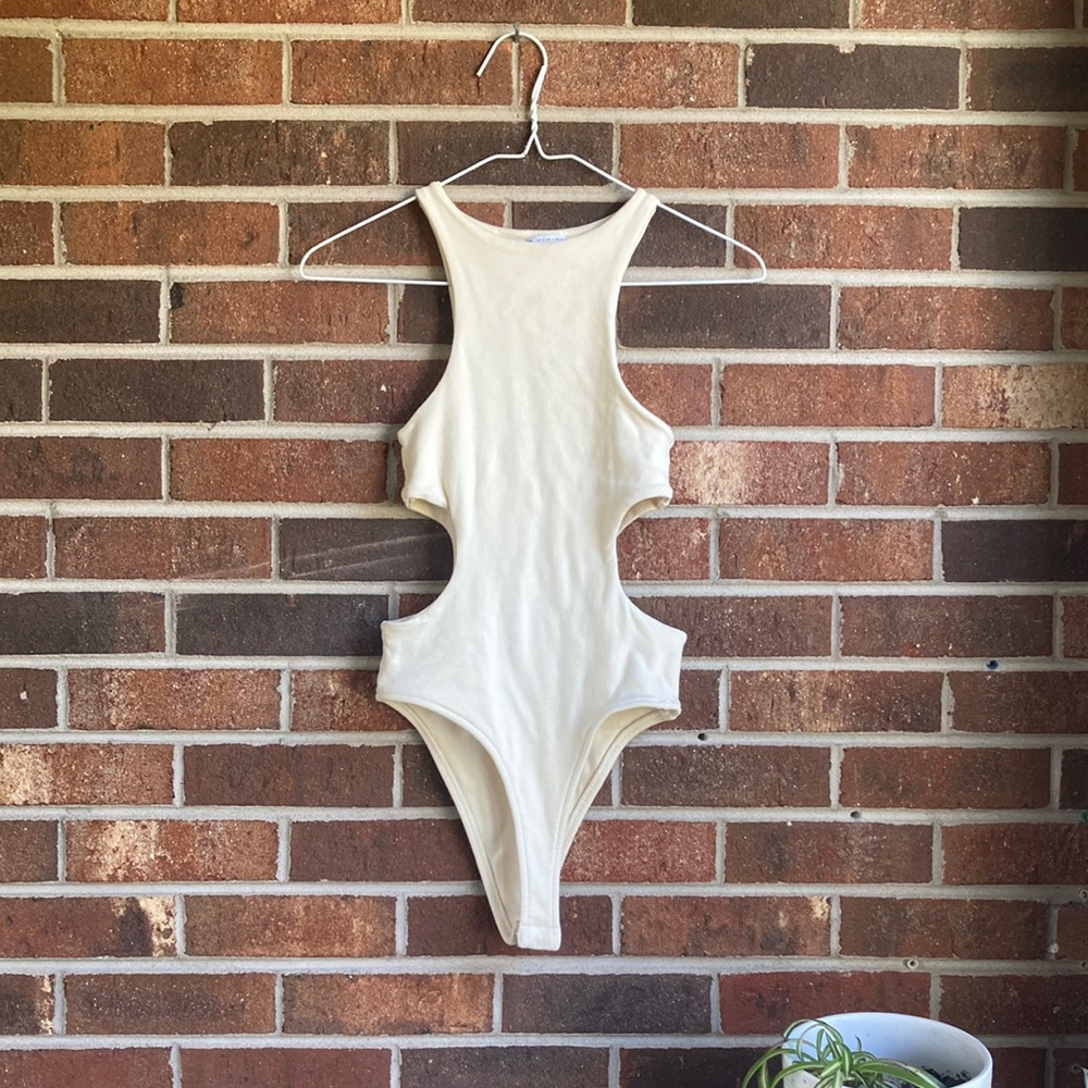 Zara Cream High Neck Cut-out Bodysuit size S